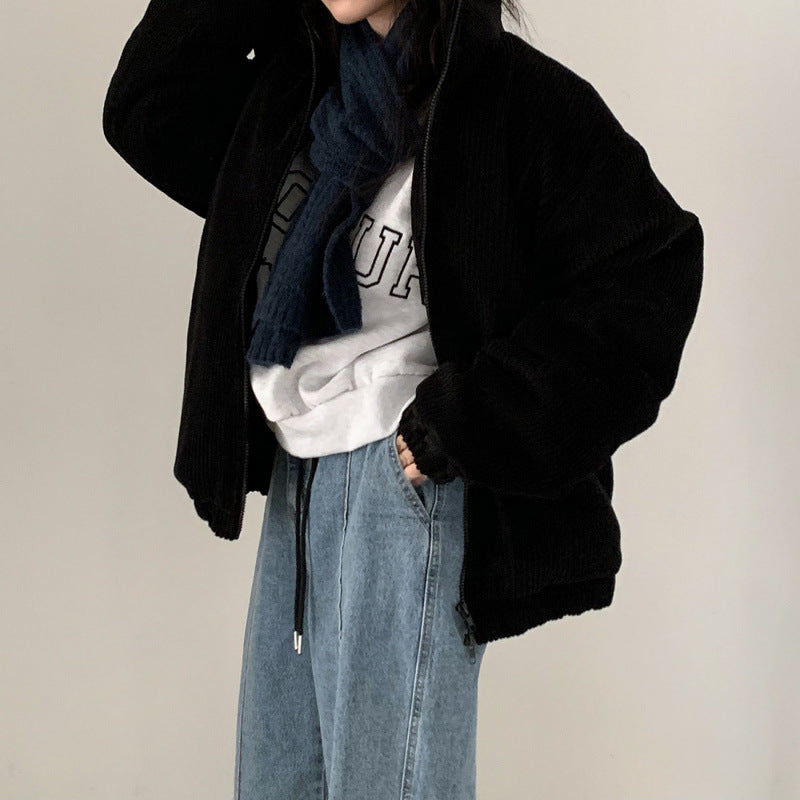 Lapel Sunken Stripe Design Loose Corduroy Cotton-padded Short Coat For Women