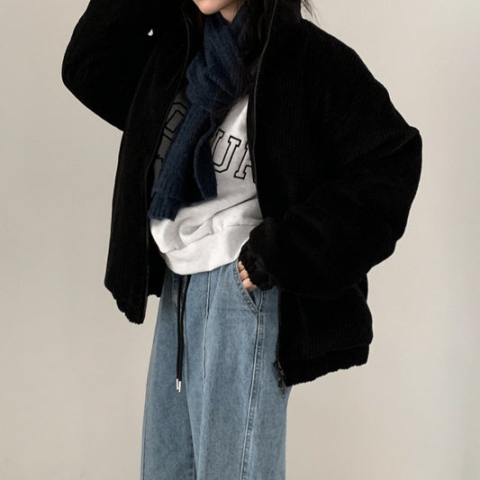 Lapel Sunken Stripe Design Loose Corduroy Cotton-padded Short Coat For Women