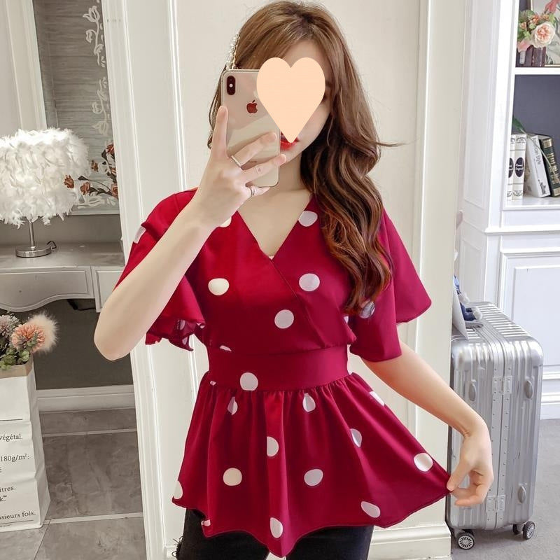 Women's Casual Polka Dot Graceful Collar Lace-up Waist Trimming Shirt