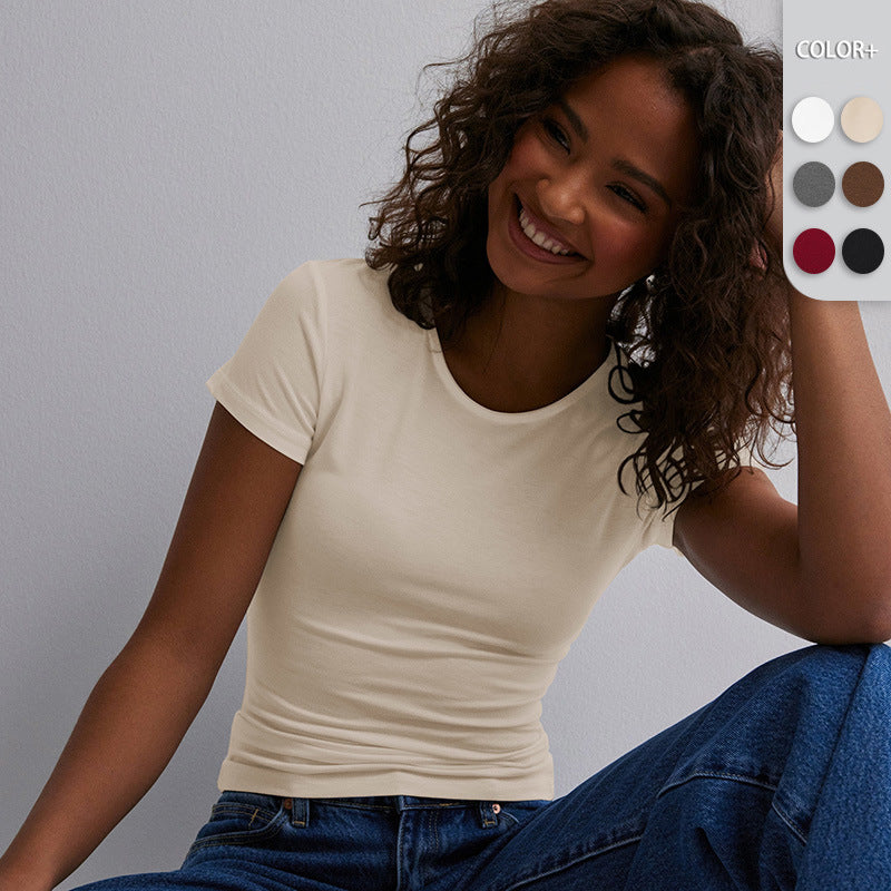 Women's Spring And Summer Solid Color Top Slim Slimming Short-sleeved T-shirt