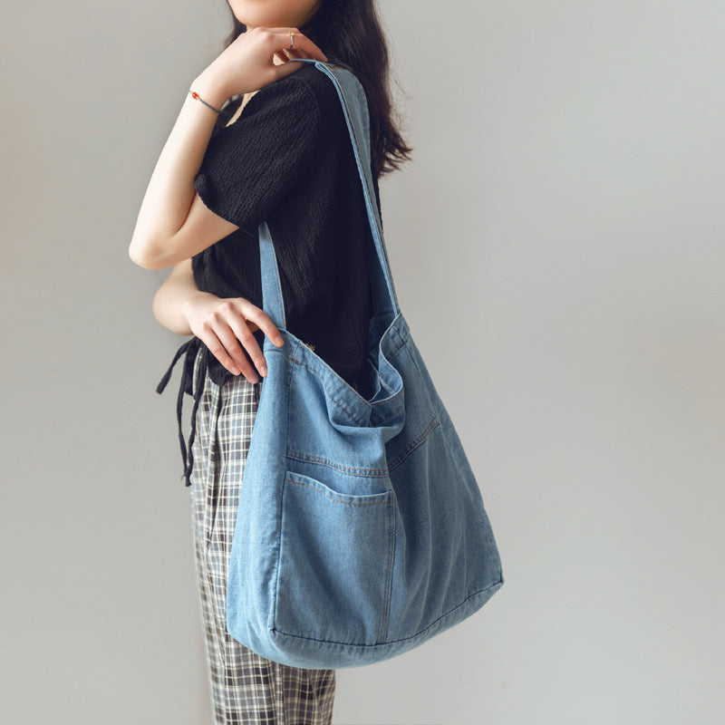 Vasket Denim Crossbodytaske med Stor Kapacitet