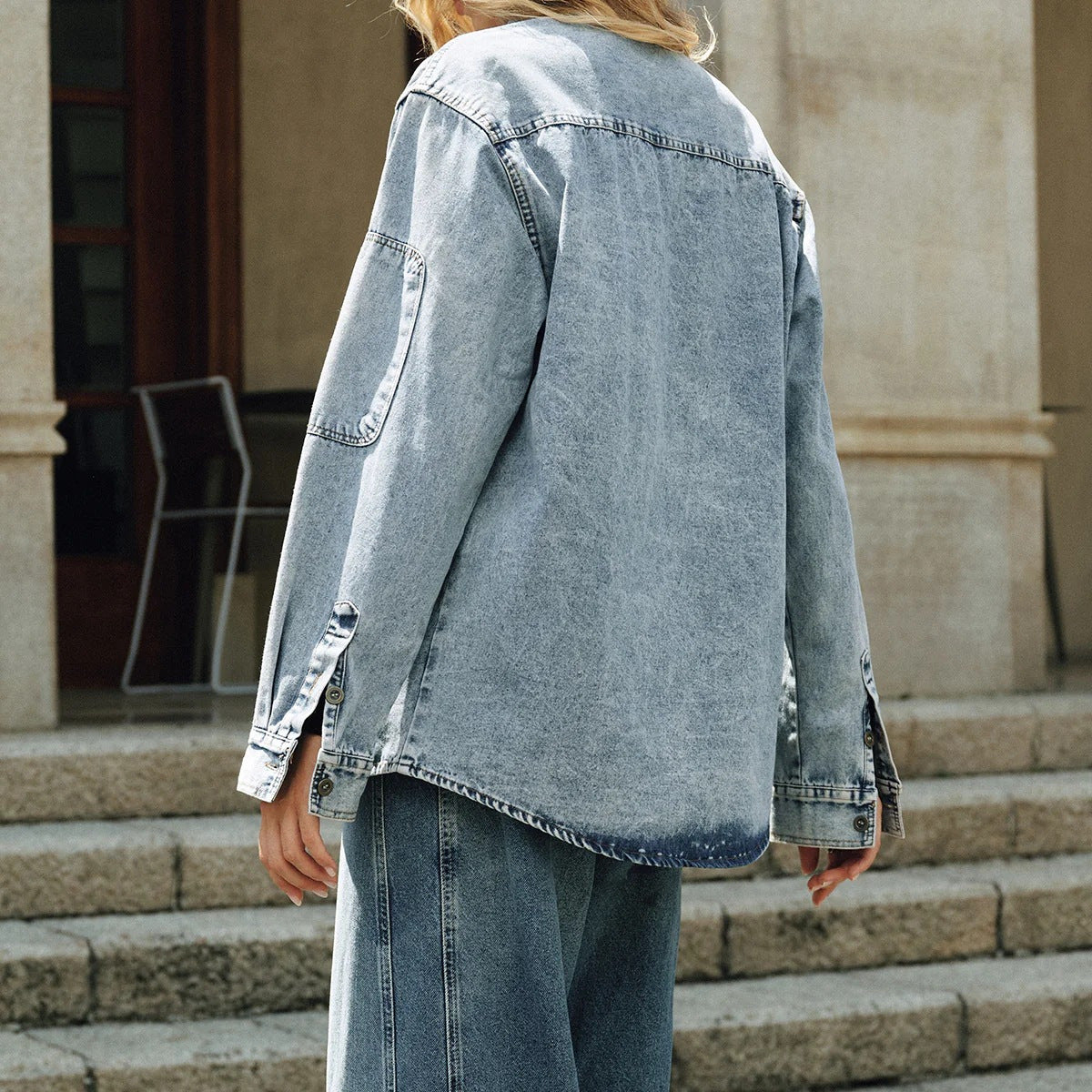 Womens Light Blue Washed Denim Jacket And Pants Set
