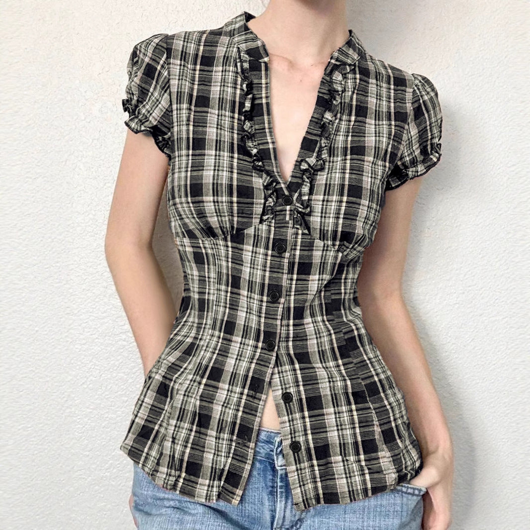 British Style Wooden Ear V-neck Plaid Shirt Elegant Waist Button Puff Sleeve Top