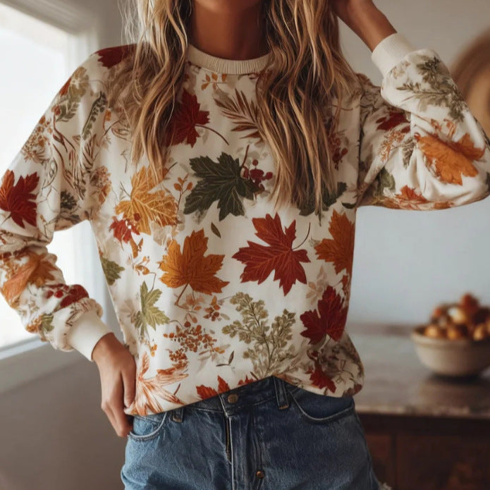 Åndbar Langærmet Crewneck Sweatshirt til Kvinder med Ahornbladsprint