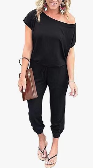 Fashion Slant Shoulder Short Sleeve Pocket Women's Jumpsuit
