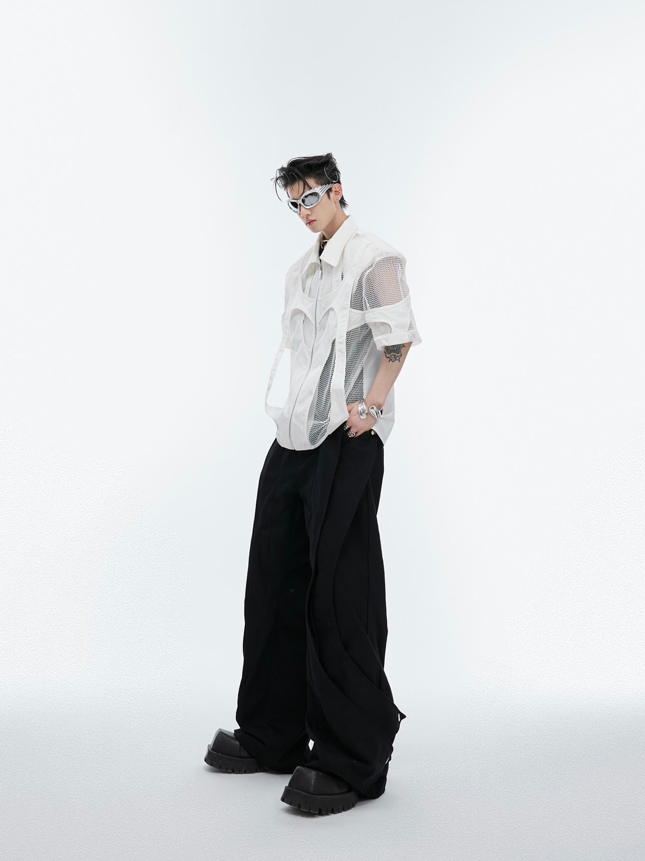 Hollow Mesh Short-sleeved Shirt Double-layer Stitching Loose T-shirt Coat