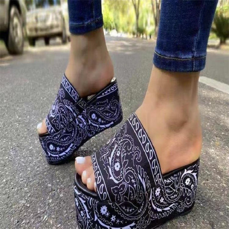 Printed Cashew Thick-soled Open-toe Outer Wear Ladies Sandals And Slippers