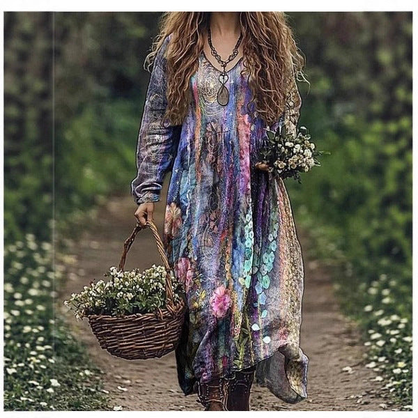 Fitted Waist Color-Block Long-Sleeve Dress
