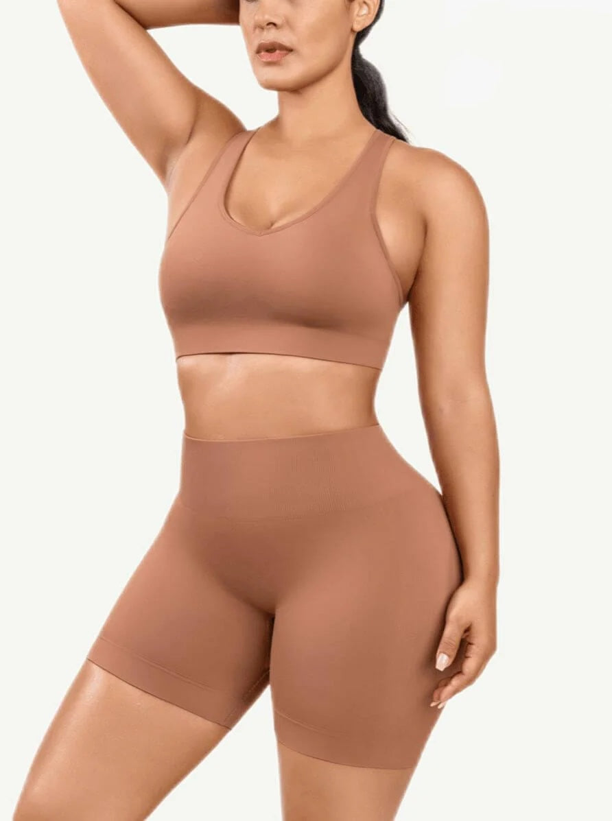 Eco-friendly Sexy V Neck Seamless Sportswear Biker Shorts Set