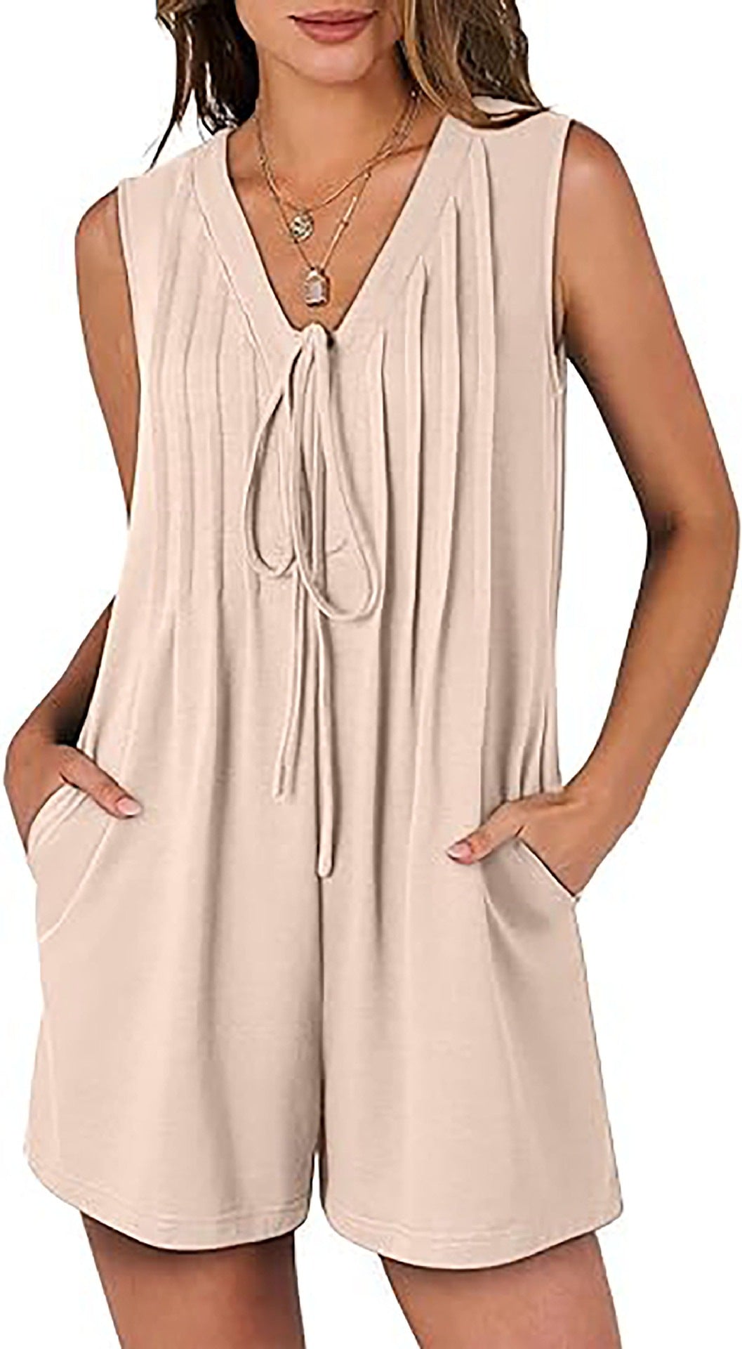 Summer Loose Sleeveless Pleated Front-tie V-neck Short Jumpsuit With Pockets