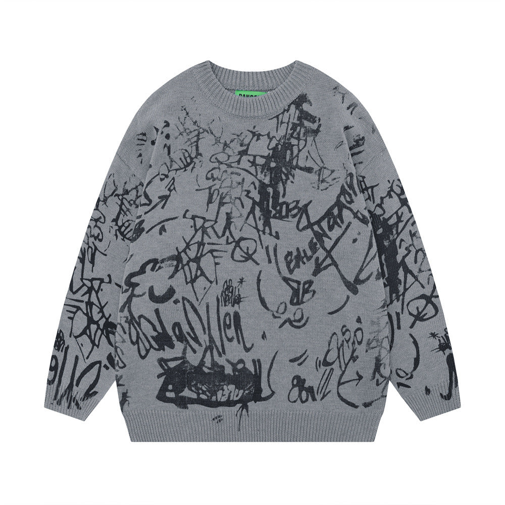 Men's Graffiti Printing Round Neck Sweater