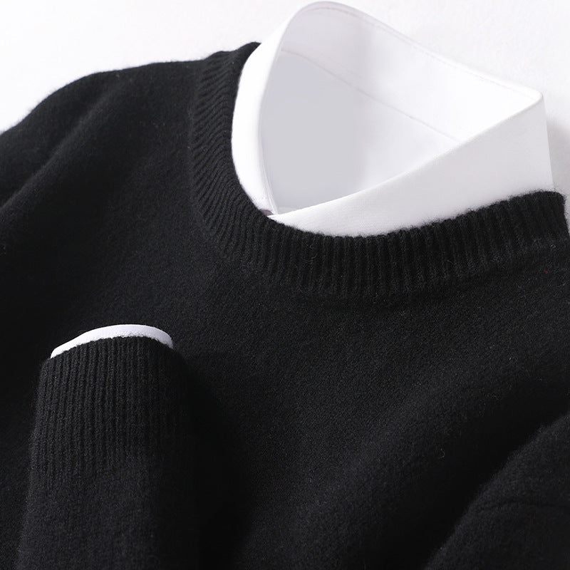 Mænds tykke pullover fåreuldssweater løs rundhals ensfarvet sweater