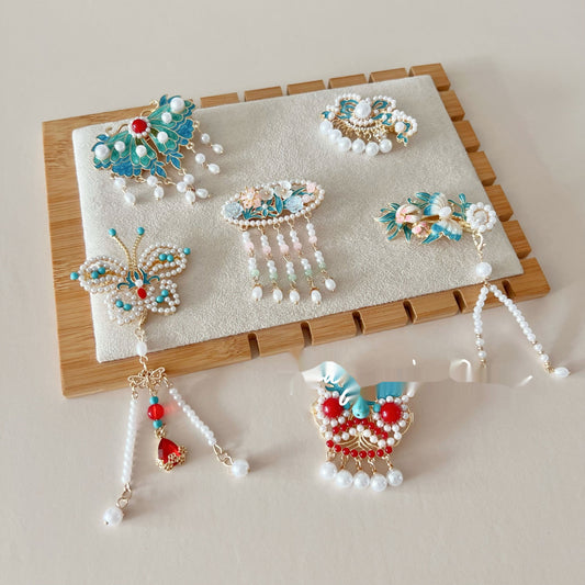 Antique Burning Blue Auspicious Cloud Pearl Butterfly Barrettes Fringed Headwear