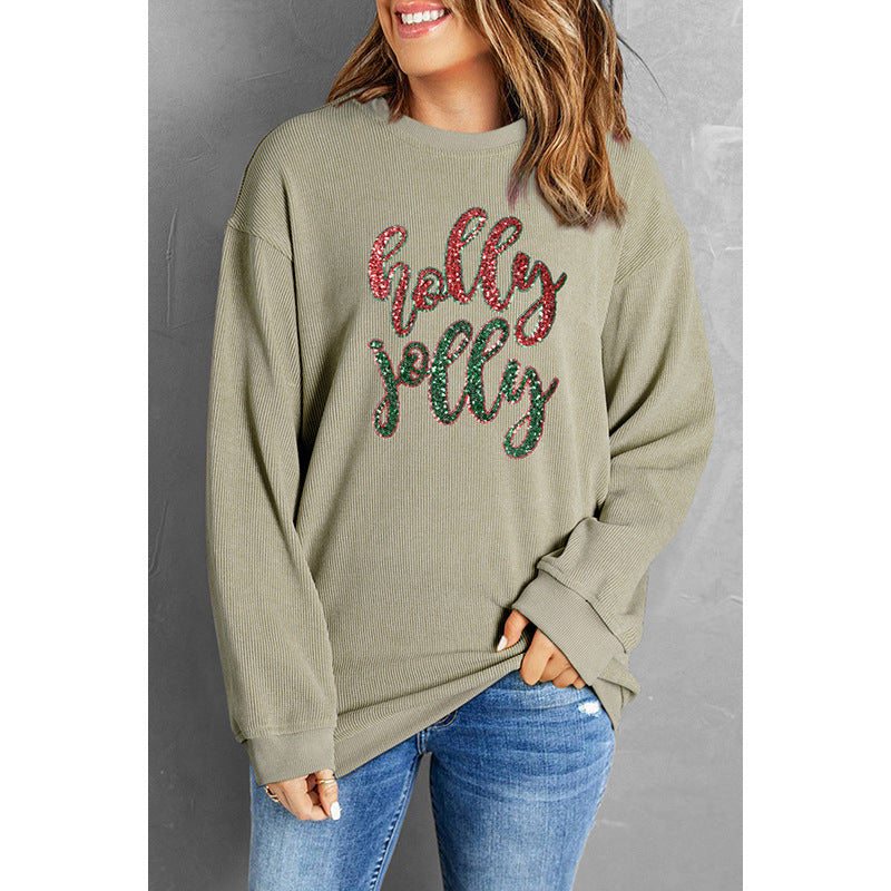 Round-neck Pullover Sequined Printed Loose Long Sleeves Top For Women