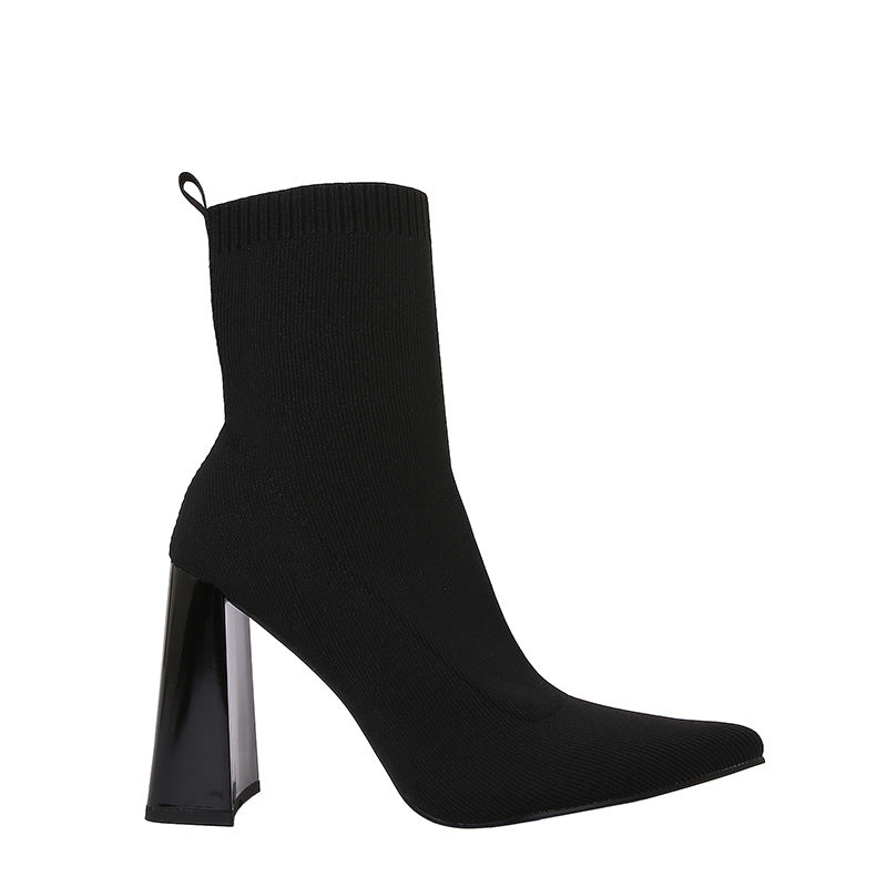 Brown Yellow Geometric High Heel Chunky Heel Retro Ankle Boots Elastic Socks Boots Women