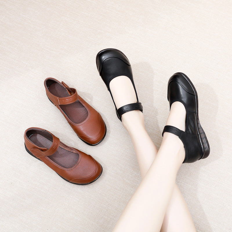 Genuine Leather Single-Strap Velcro Closure Plus-Size Round-Toe Flat Shoes