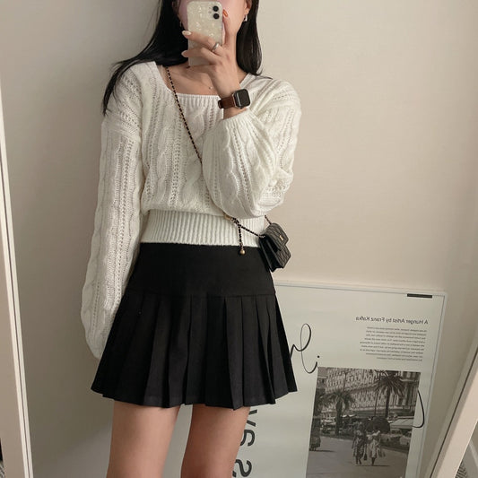 Cable-knit Sweater Lantern Sleeve Solid Color Square Collar Pullover Sweater