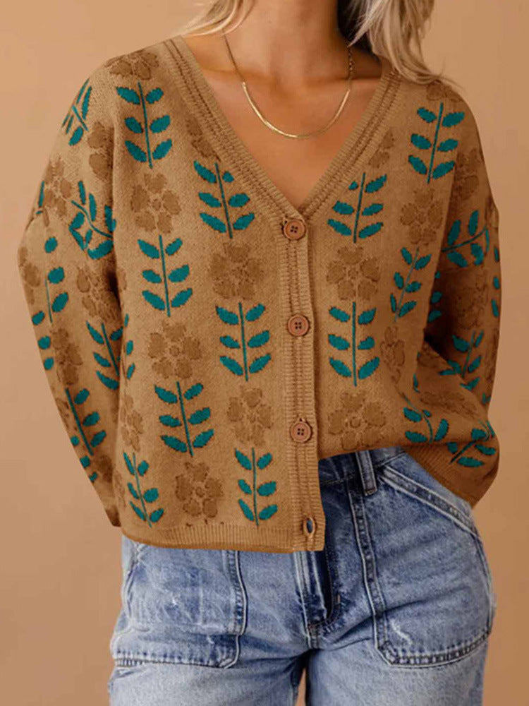 European And American Ladies Single-breasted Long Sleeve Flower Sweater