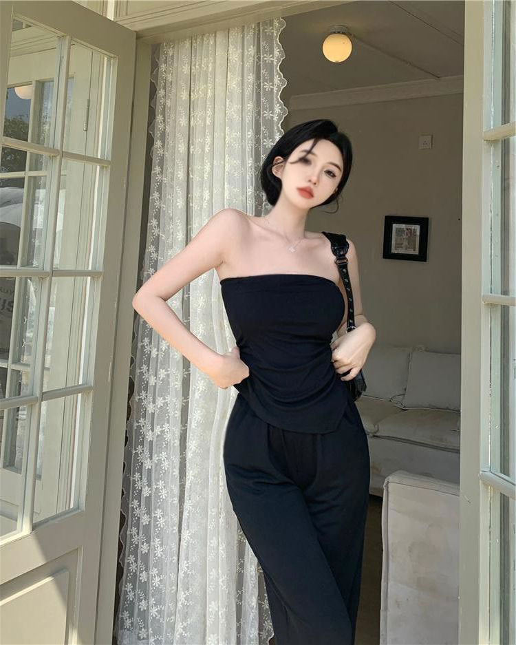 Lady's Sexy Vest High-waisted Casual Wide-leg Pants Two-piece Set