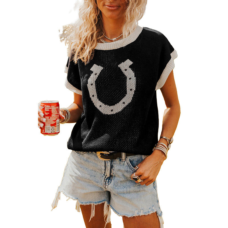 Womens Crew-neck Knitted Short-sleeve Pullover Top