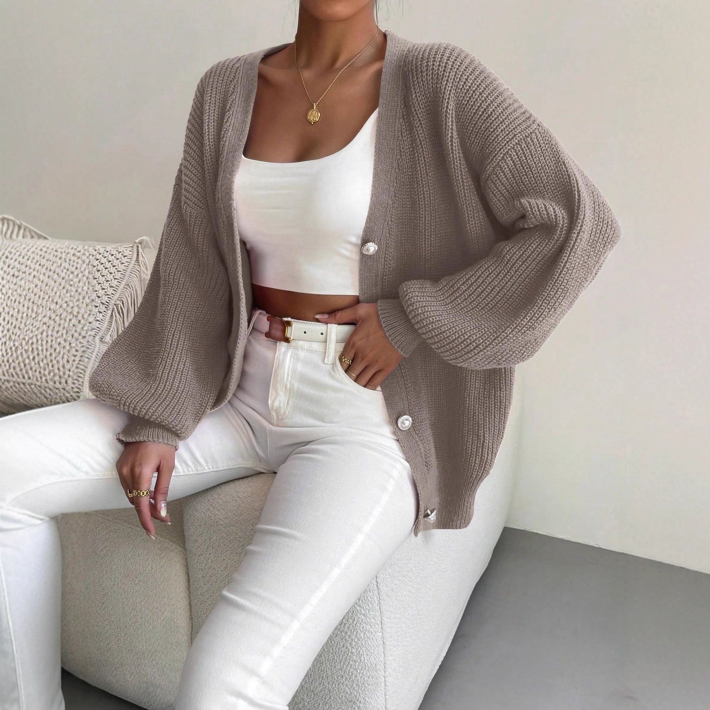 Women's Solid Color Loose-fitting Large Size Knitted Cardigan Sweater