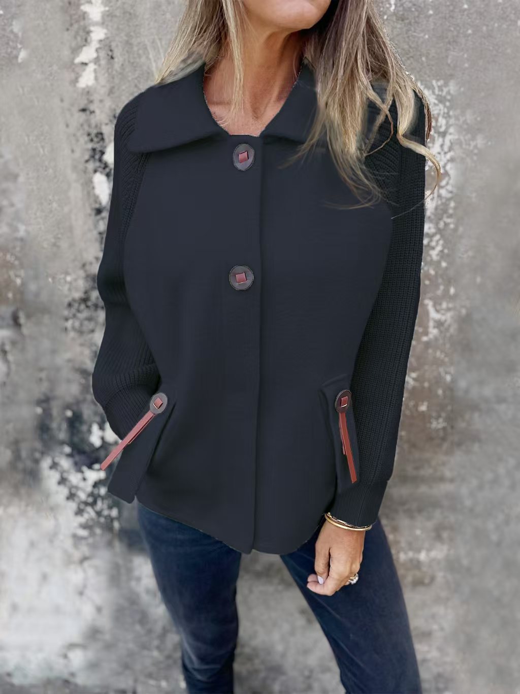 Casual Polo Collar Fashion Pocket Cuff Stitching Jacket Coat
