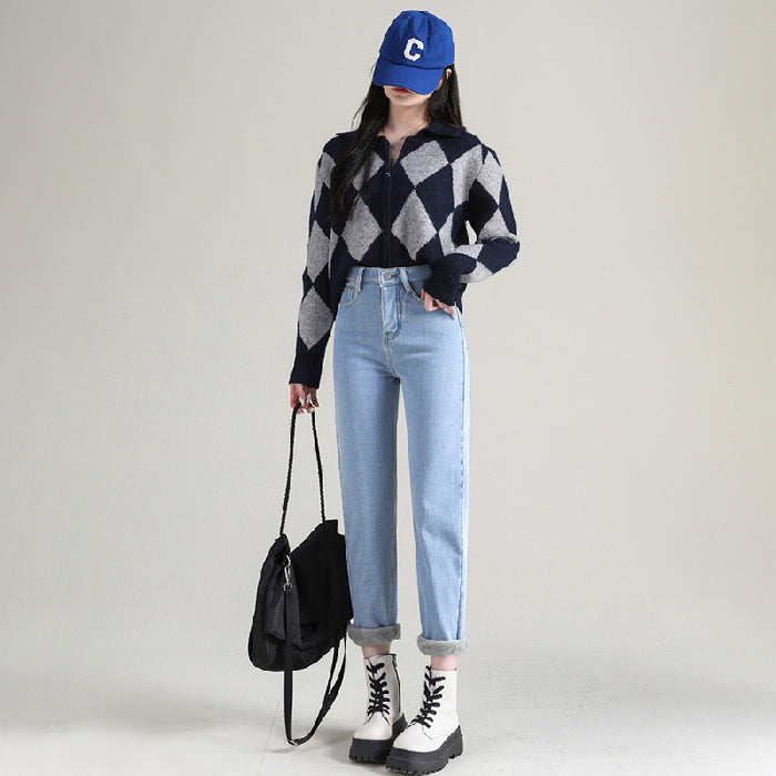 Højtaljede tykke fleeceforede jeans til kvinder, lige model