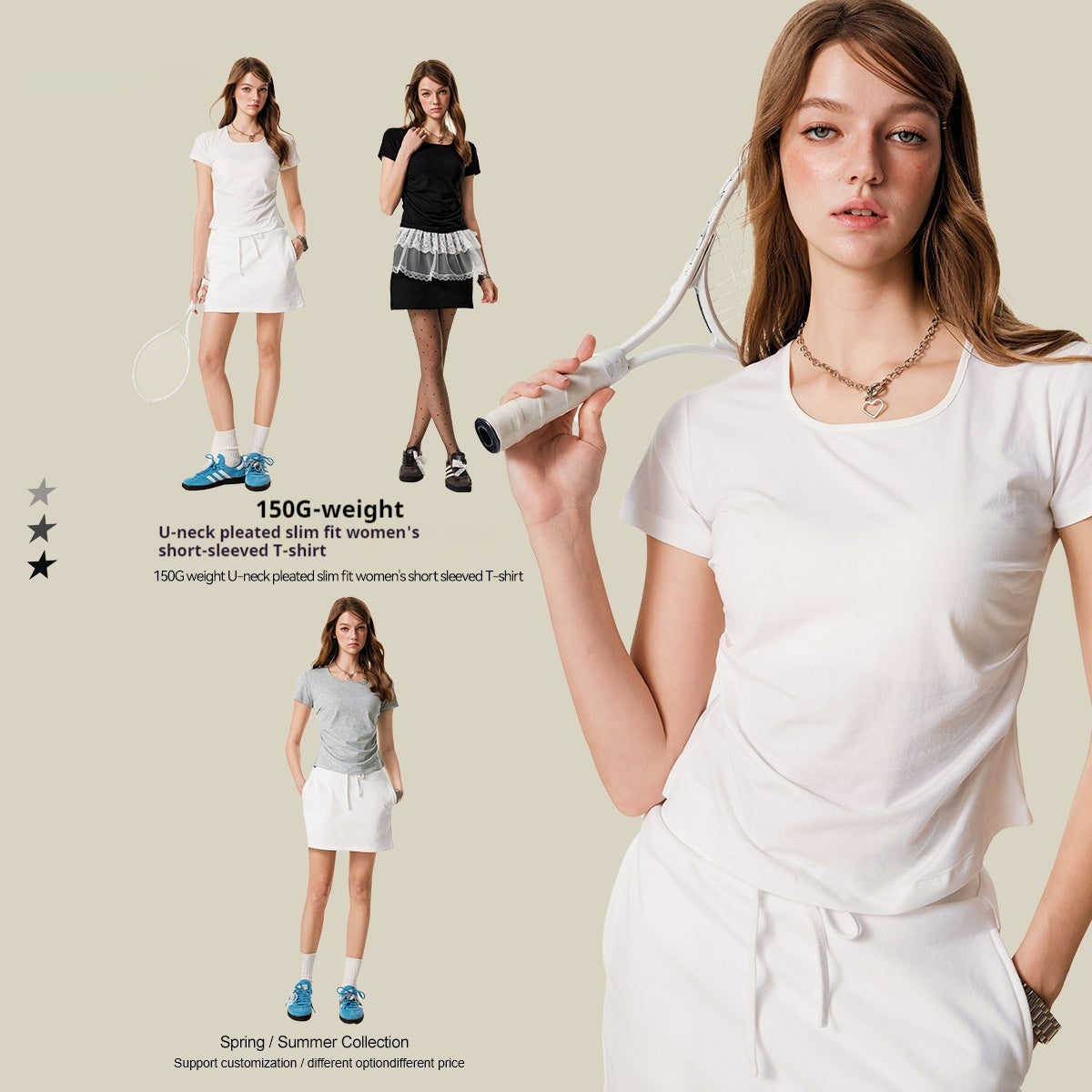 Solid Color Square Collar Shoulder Short Sleeve Slimming European And American