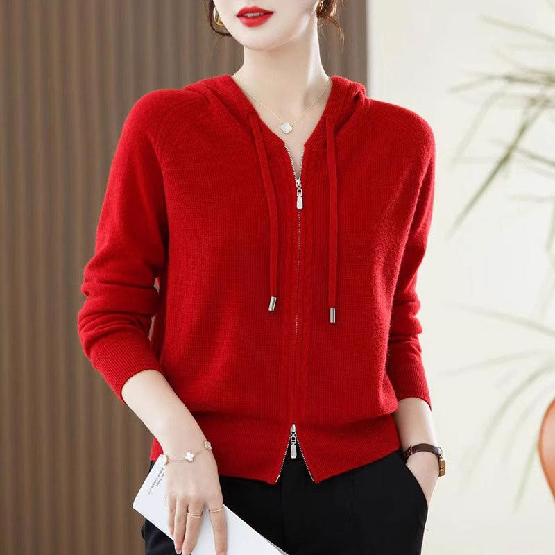 Lapel Knitted Cardigan Coat Ladies Hooded Loose Sweater