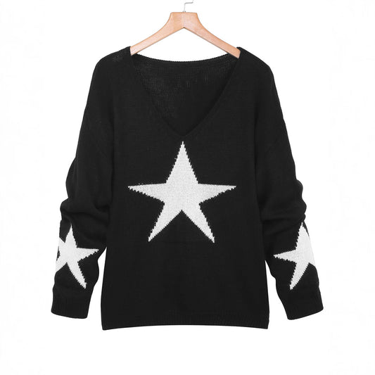 Knitwear V-neck Five-pointed Star Long Sleeve Loose Casual Sweater