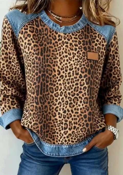 Womens Retro Crew-Neck Long-Sleeve Sweatshirt Top