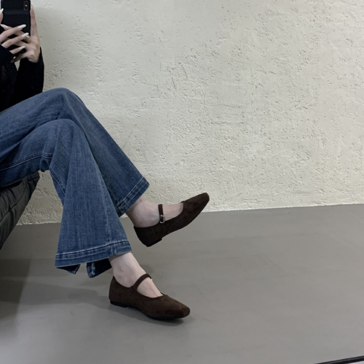 Vintage Suede Black Leather Flat Shoes Women's Buckle Comfortable Soft Bottom