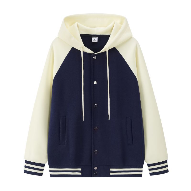 Trendy Cozy Cotton Color-blocked Loose-fitting Hooded Baseball Jacket For Fall And Winter