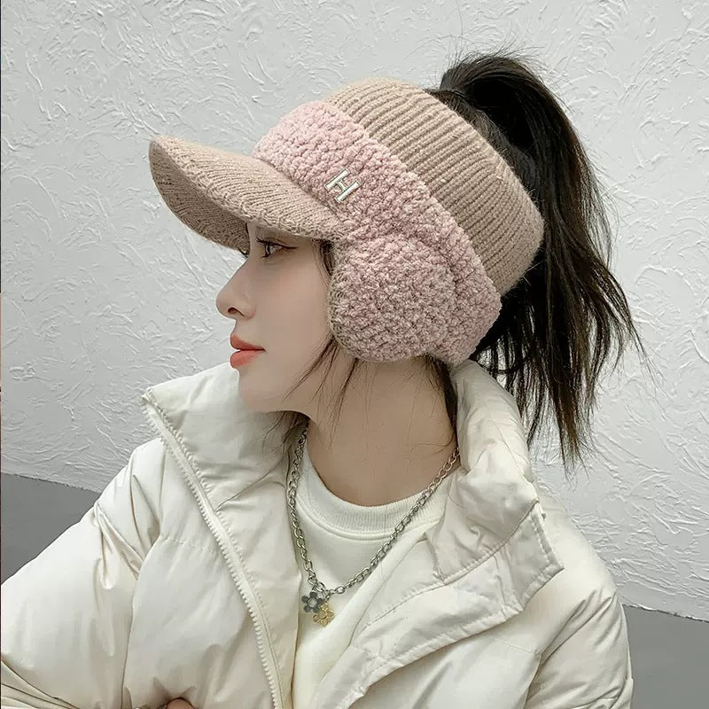 Knitted Ear Protection Duck Tongue Plus Velvet Empty Top Earmuffs Wool Hat Lady