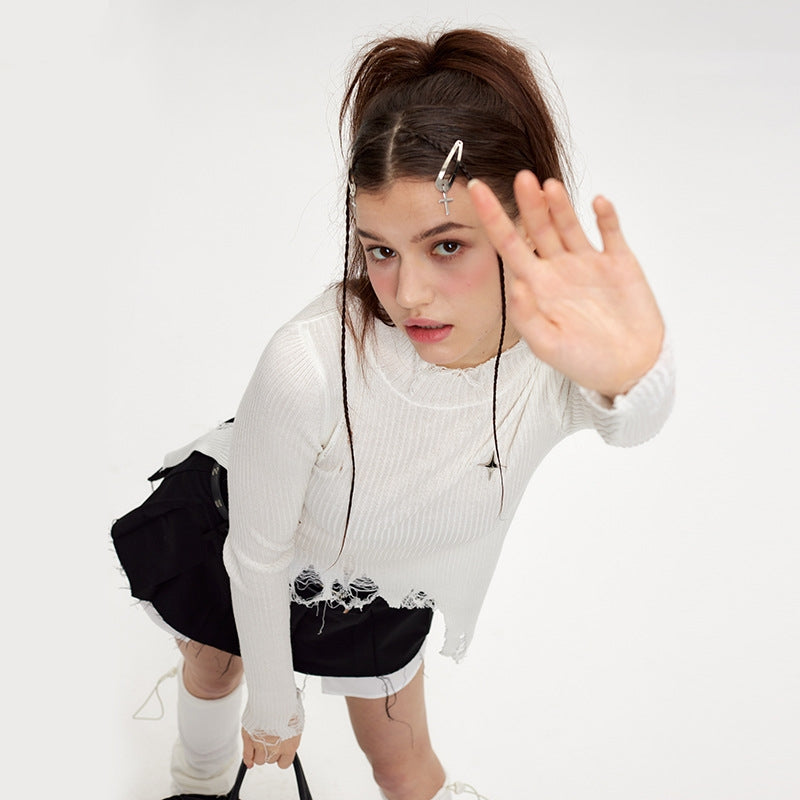 Irregular Ripped Design Long Sleeve Top