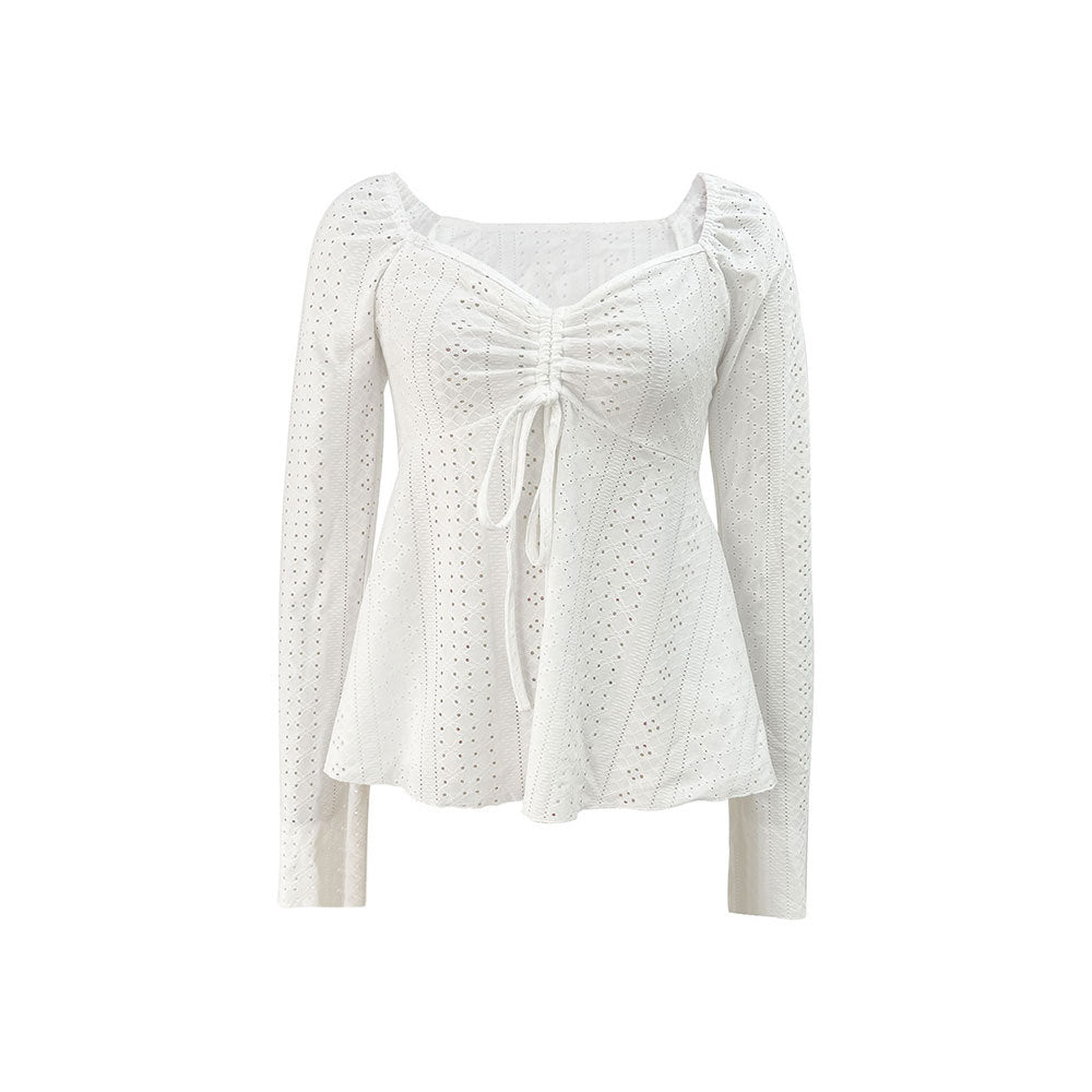Winter New Elegant Women Solid Color U-neck Spliced Tie Lace Long Sleeve Top