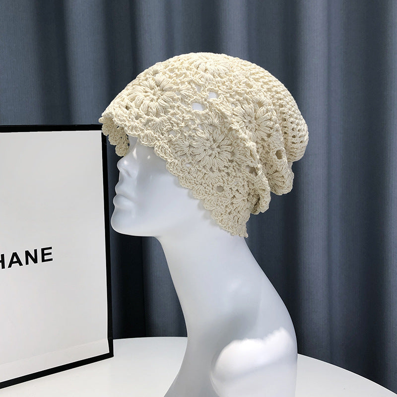 Handmade Crochet Baotou Hollow Wool Sweet Art Knitted Thin Section Pile Heap Cap