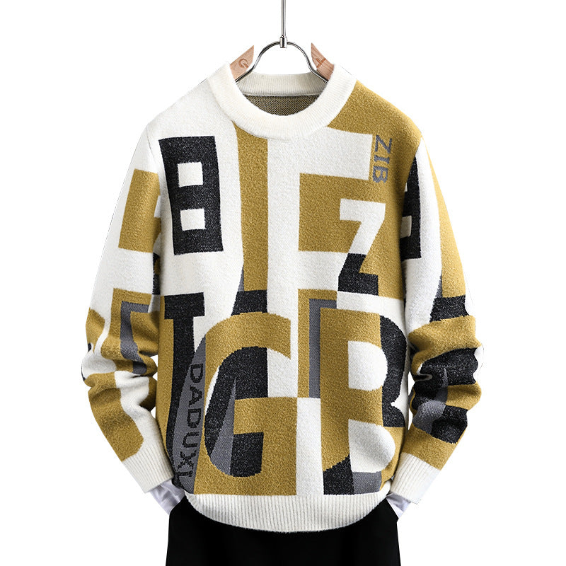Mænds Brev Jacquard Rund Hals Løs Casual Sweater