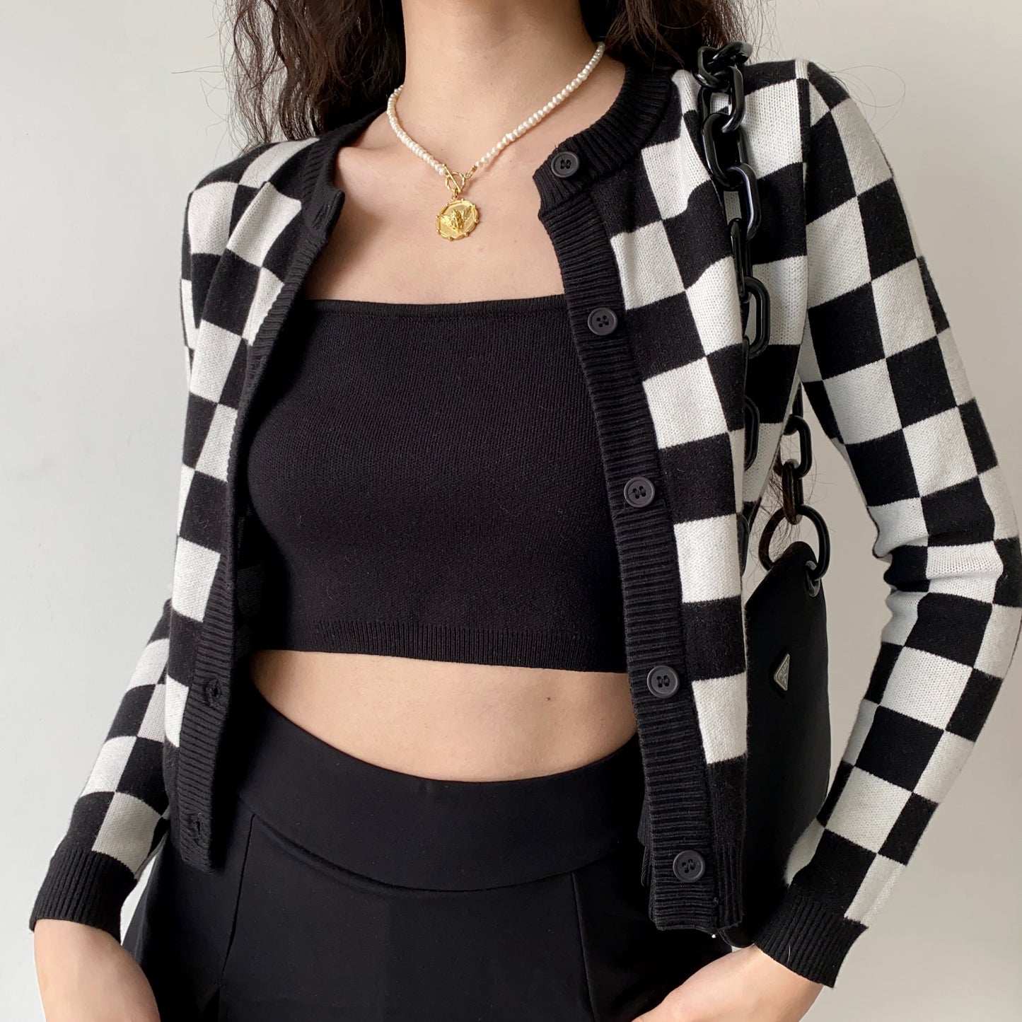 Vintage Black And White Check Knit Cardigan