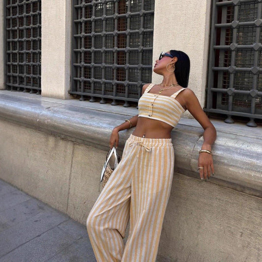 Color Block Camisole And Stylish Elastic Drawstring Pants Two Piece Set