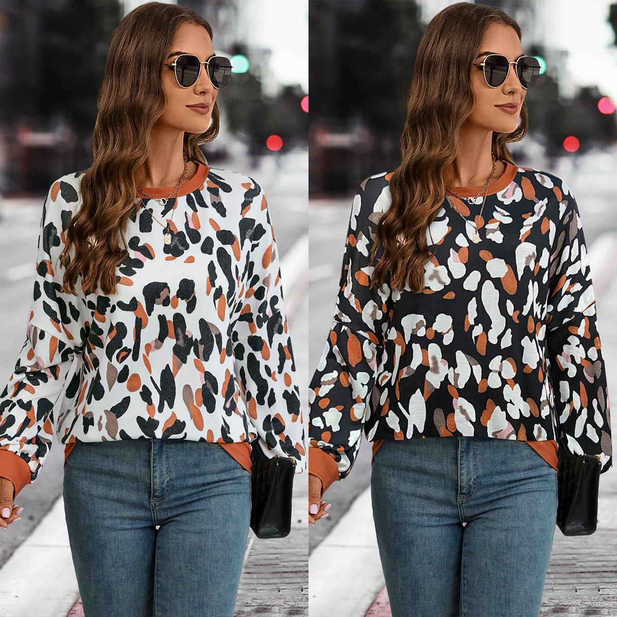 Women's Clothing Amazon Independent Station Popular Round Neck Drop Shoulder Lantern Sleeve Printed Sweater