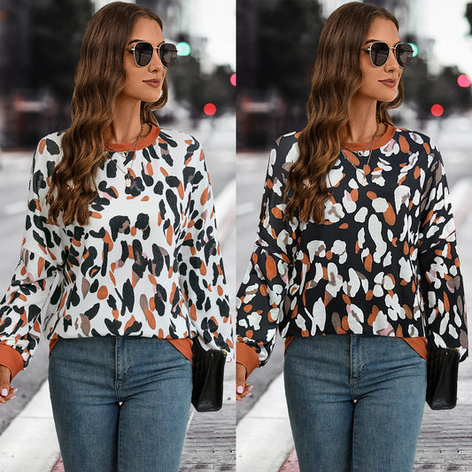 Women's Clothing Amazon Independent Station Popular Round Neck Drop Shoulder Lantern Sleeve Printed Sweater
