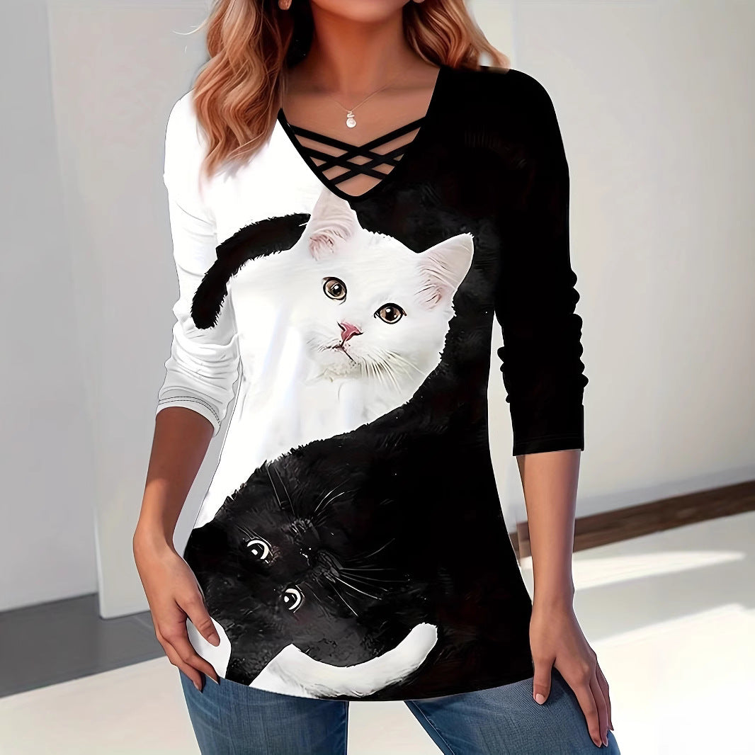 Figursyet T-shirt til kvinder med katteprint