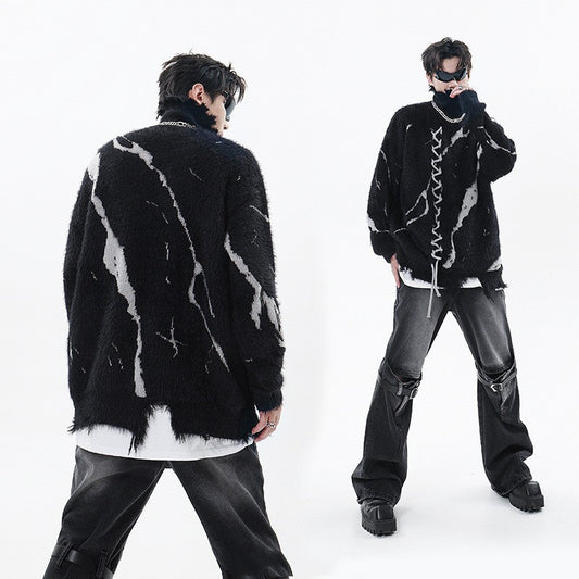 Ripped Design Jacquard Rope Turtleneck Sweater