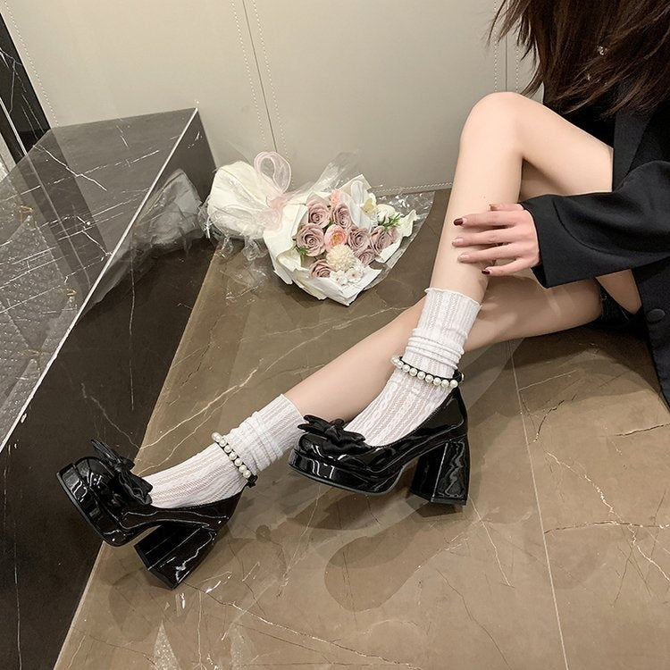 2026 Spring Sweet Bow & Pearl Mary Jane Heels For Women-Cute Platform Block Heel Pumps For Dressy Outings