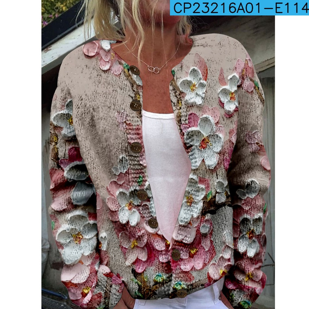 Ny strikket cardigan med 3D-print i løs pasform til damer – efterårs- og vinterstil