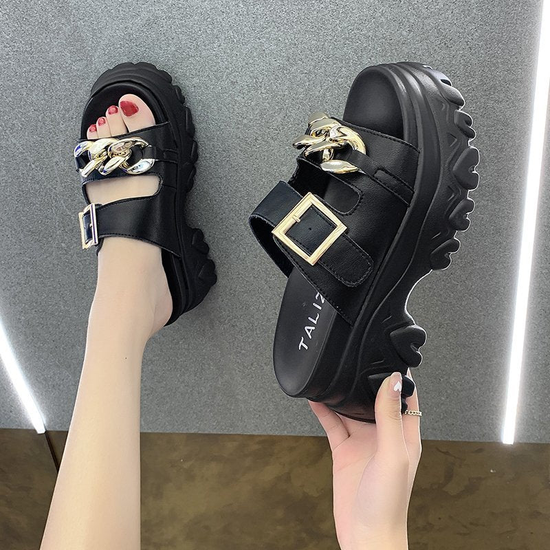 Metal Buckle Heightening Sponge Cake Sandals And Slippers