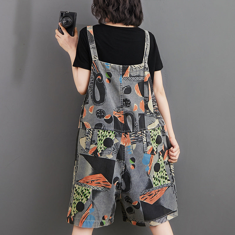 Summer Printed Denim Suspenders For Women