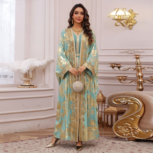 Womens Fashion Gold-Embossed Robe Dress Set