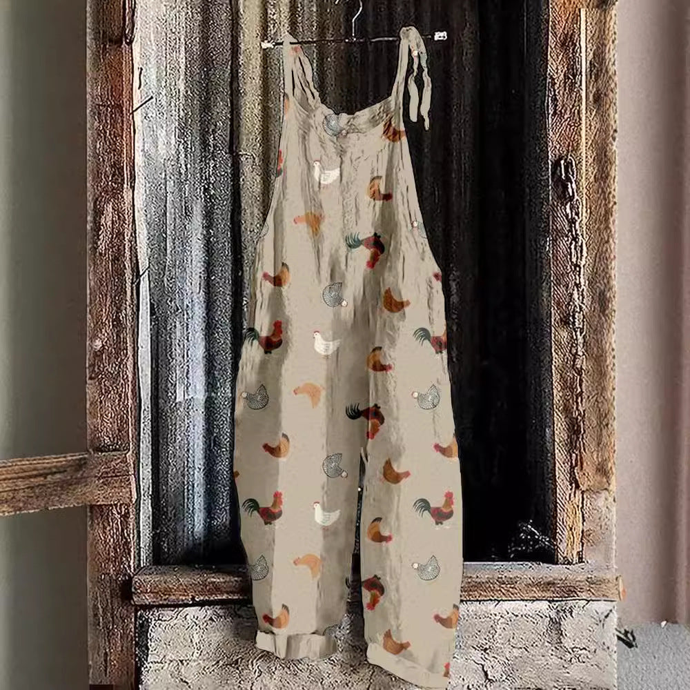 Women's Suspended Pants Sweet Printed Vintage Suspender Pants
